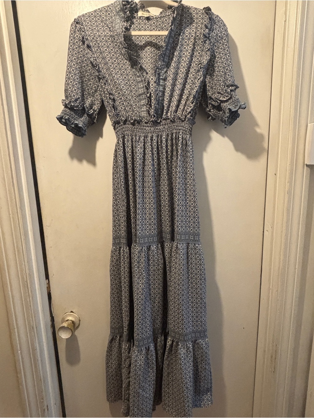 Max Studio Blue Printed Smocked Tiered Maxi Dress